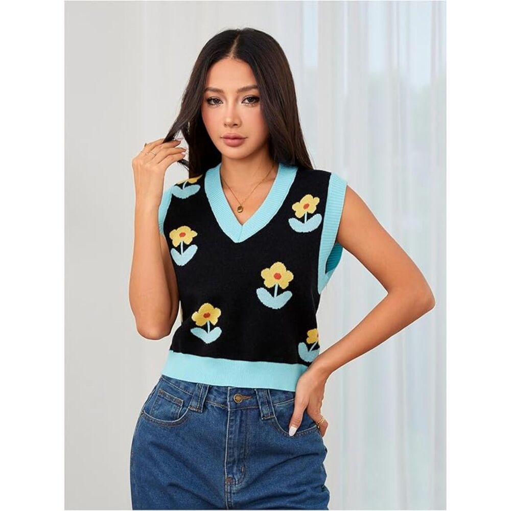 Women's Floral Knit Sleeveless Crop Cute Sweater Vest Multicolor Small
